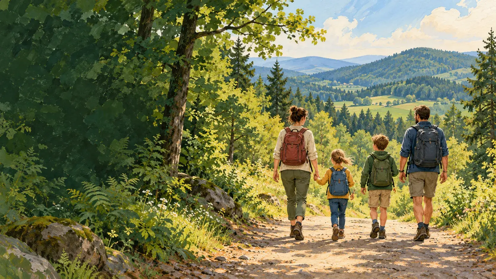 Illustration einer Familie mit zwei Kindern beim Wandern auf einem sanften Waldweg