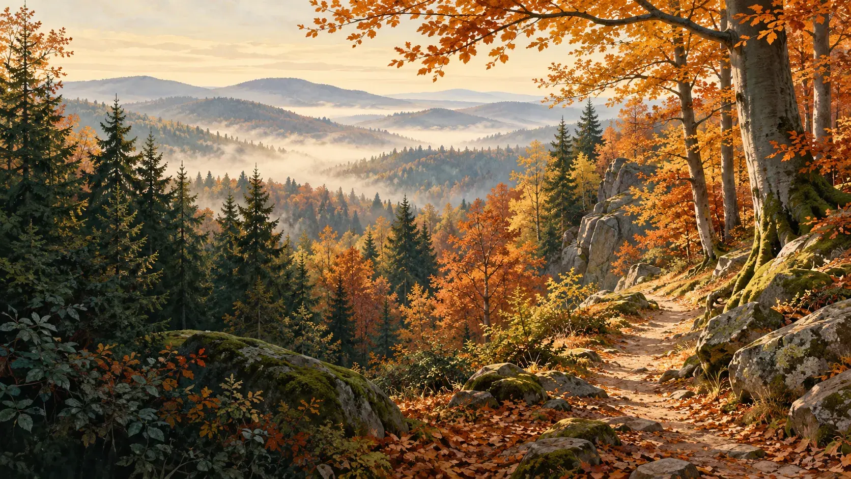 Illustration eines herbstlichen Waldweges mit goldenen Buchen und sanften Mittelgebirgshügeln